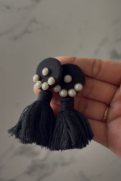 Black Bloom Earrings styled — bold statement handcrafted tassel earrings India