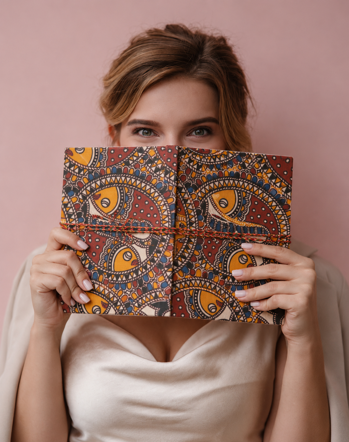 Madhubani Carnival block print fabric diary opened flat in front of the face, the fish print running across both covers