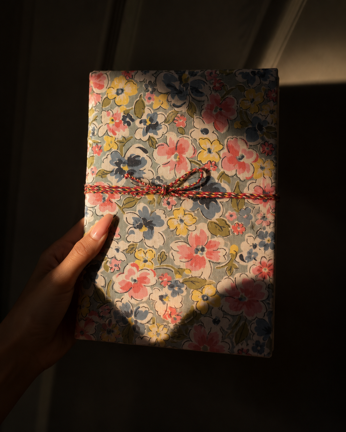 Bahar Medley block print fabric diary held up in low evening light, a shadow across its pink, yellow and blue flowers