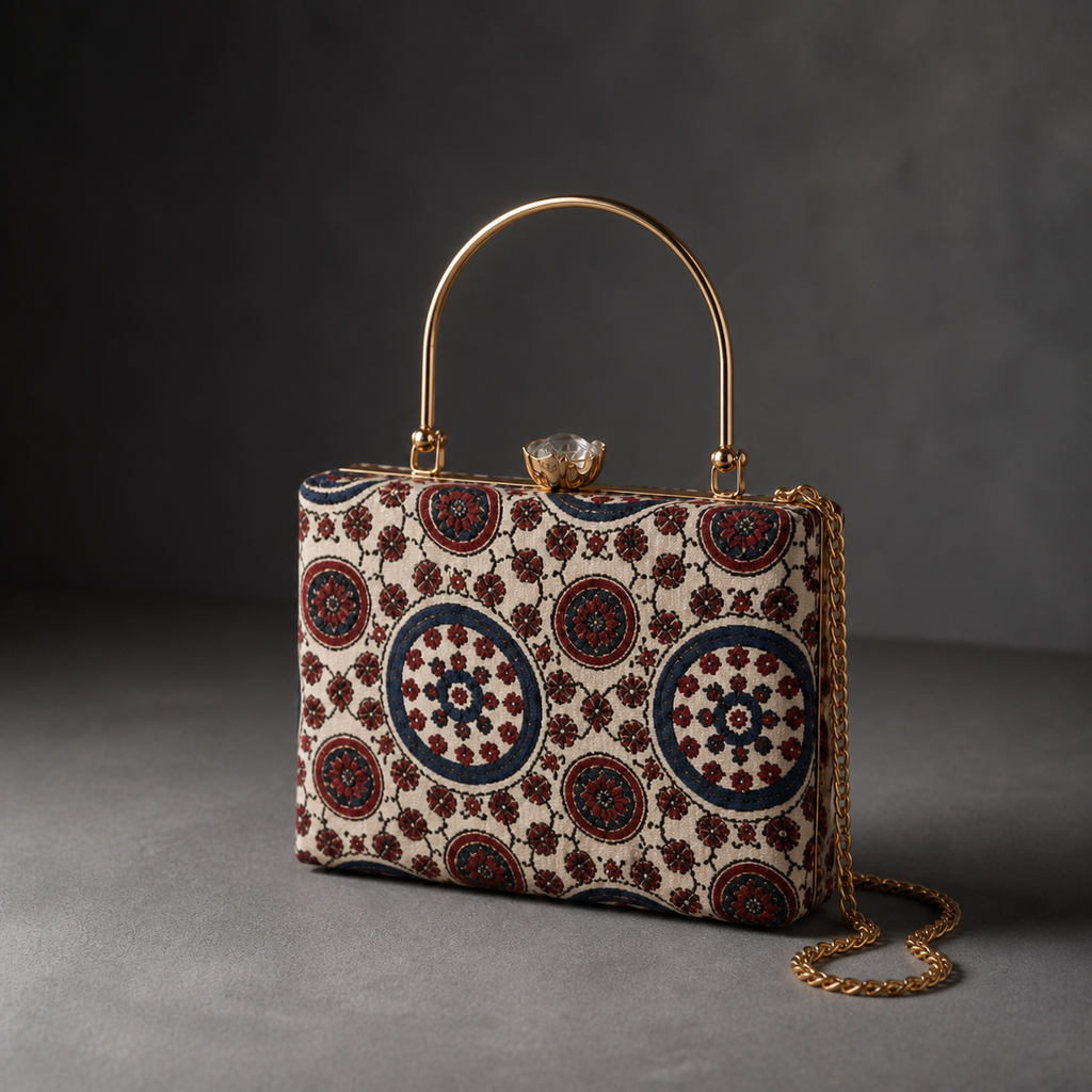 Aaina ivory and blue circular-print Mashru silk handbag in charcoal studio, with gold-tone top handle and detachable chain