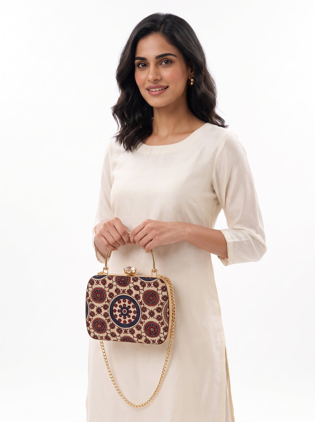 Aaina Mashru Silk Handbag styled on model (AI-generated styling image)