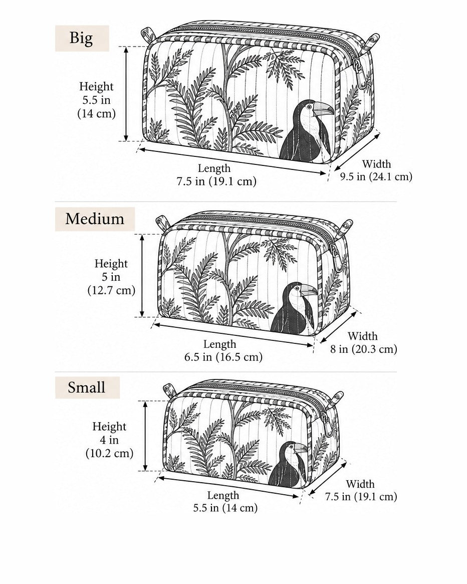 Angan quilted makeup pouch set, size chart for the three nesting pouch