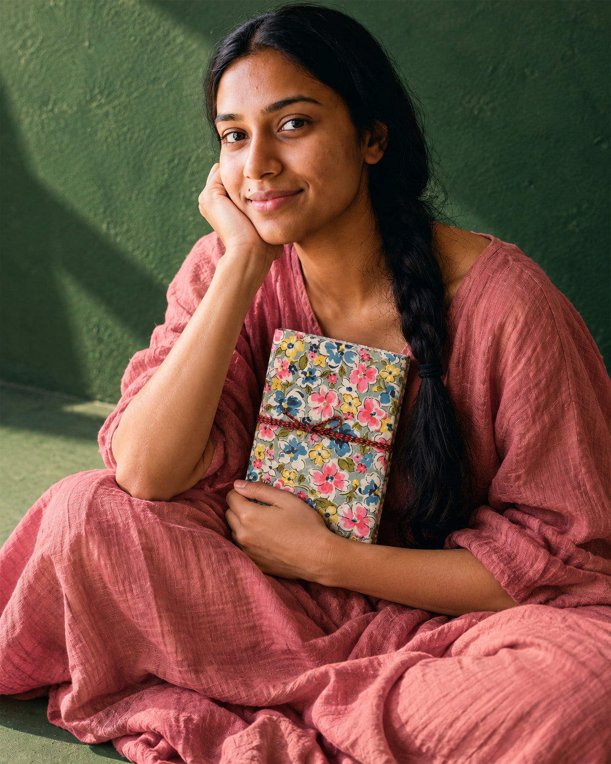 Bahar Medley Block Print Fabric Diary, 200 Unruled Pages, held at the chest, pink dress, green wall