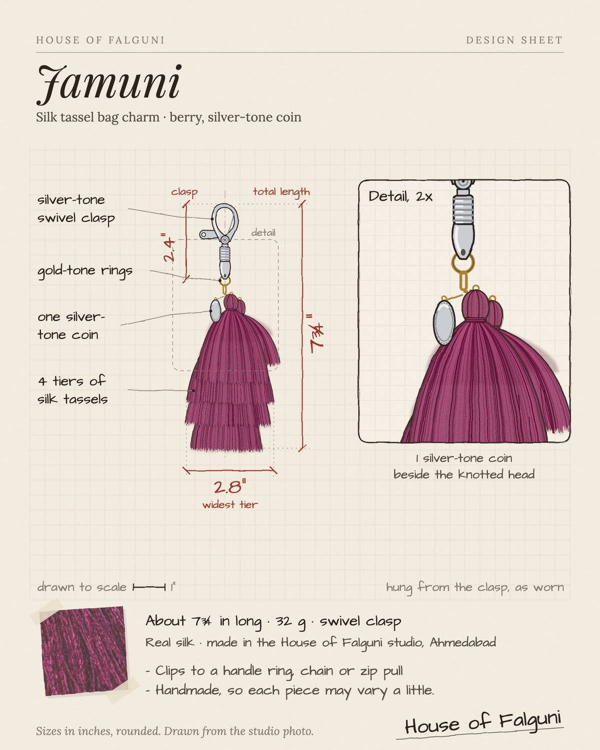 Size sketch of the Jamuni silk tassel bag charm: about 7¾ inches long, 32 g, silver-tone swivel clasp