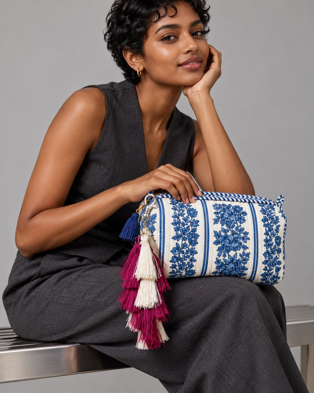Aabha silk tassel charm clipped to the Jharna Quilted Makeup Pouch Set of 3