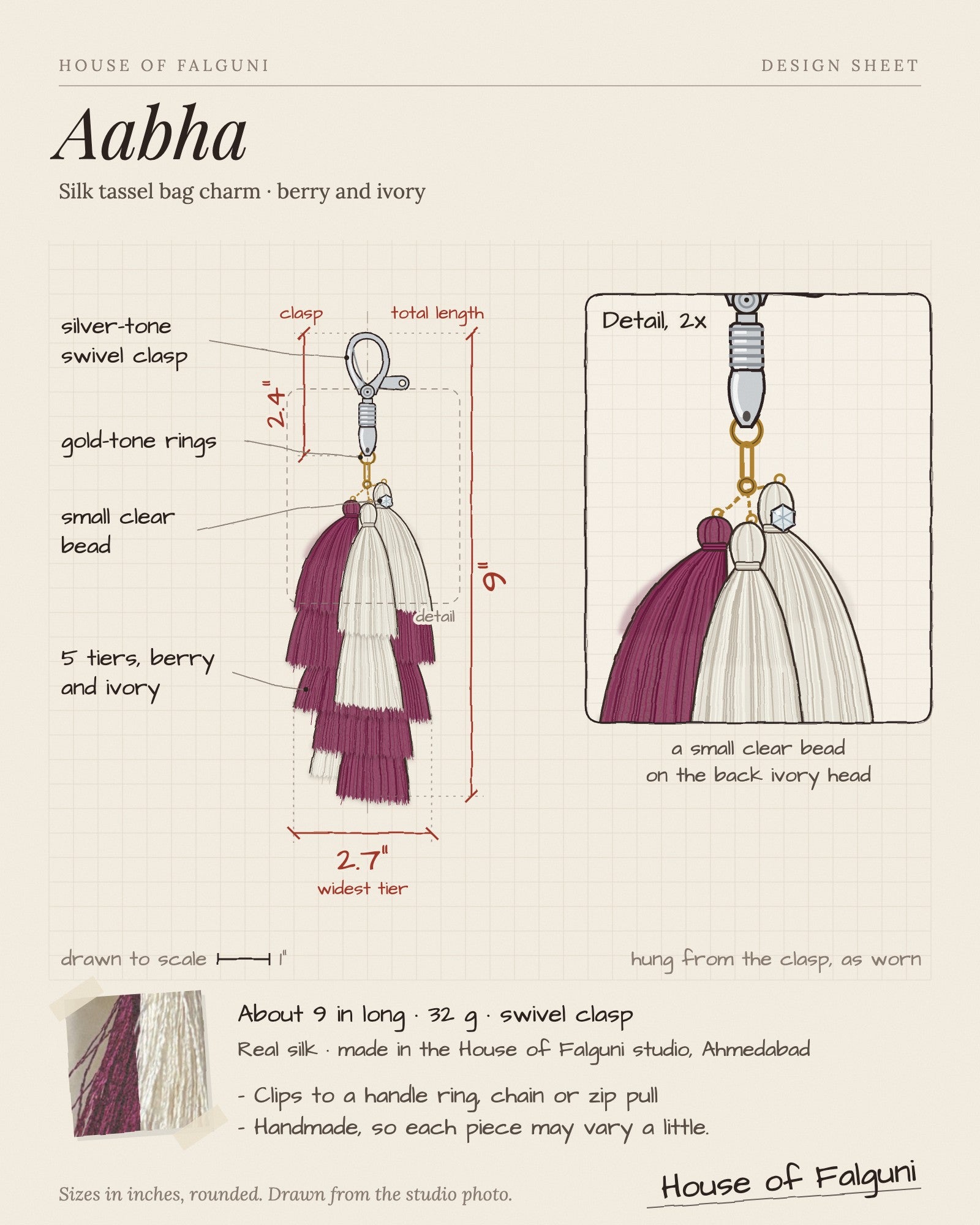 Size sketch of the Aabha silk tassel bag charm: about 9 inches long, 32 g, silver-tone swivel clasp
