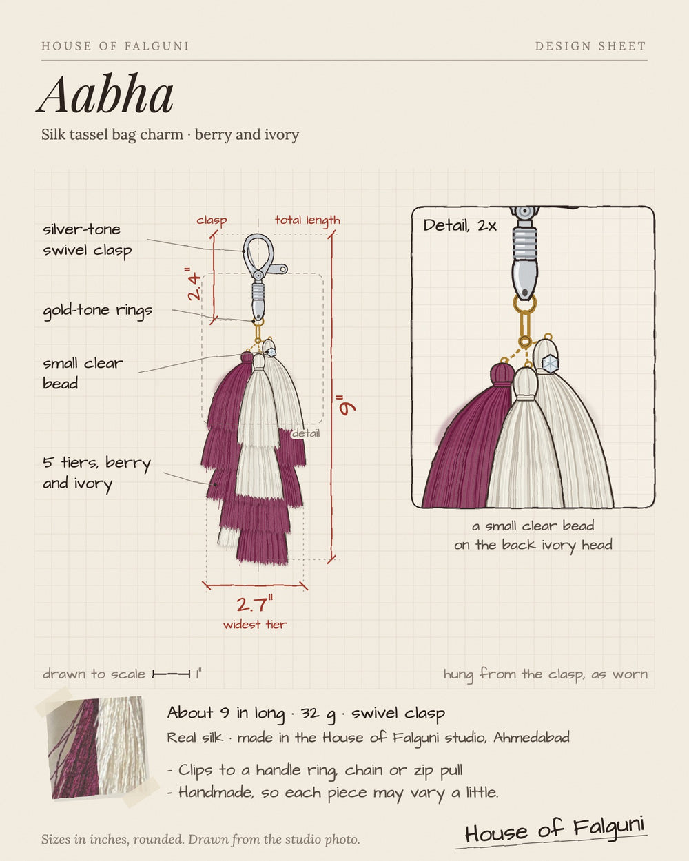 Size sketch of the Aabha silk tassel bag charm: about 9 inches long, 32 g, silver-tone swivel clasp