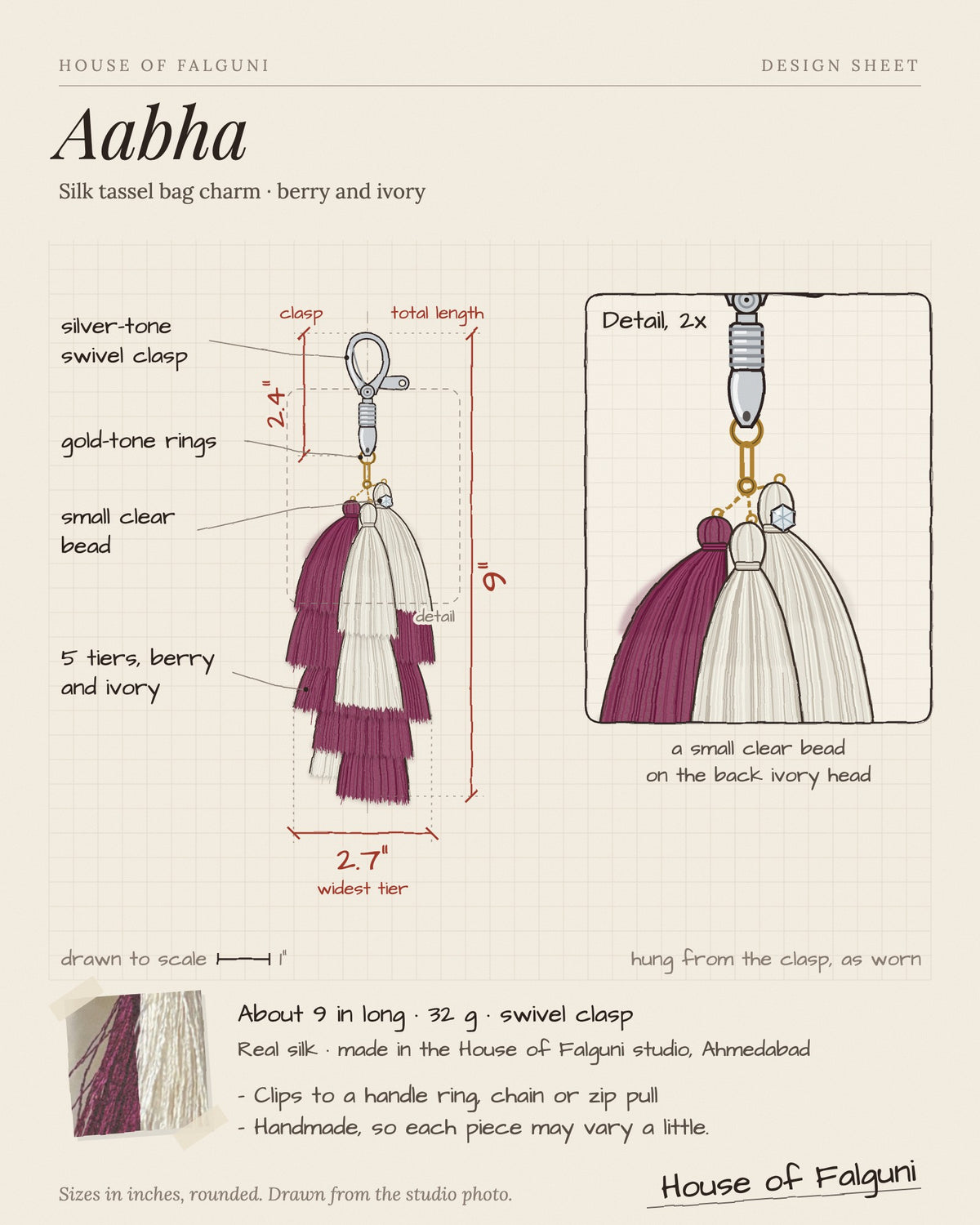 Size sketch of the Aabha silk tassel bag charm: about 9 inches long, 32 g, silver-tone swivel clasp