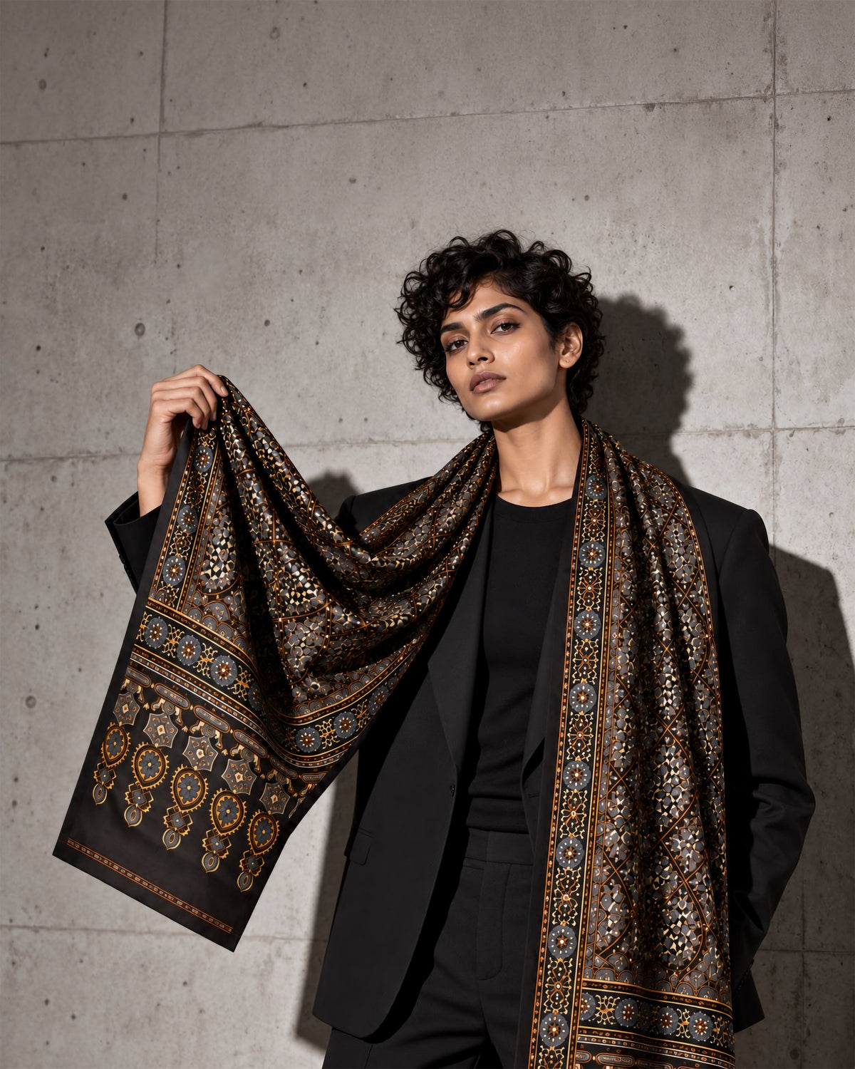 Shahi black Ajrakh modal silk stole held open over a black blazer against a concrete wall