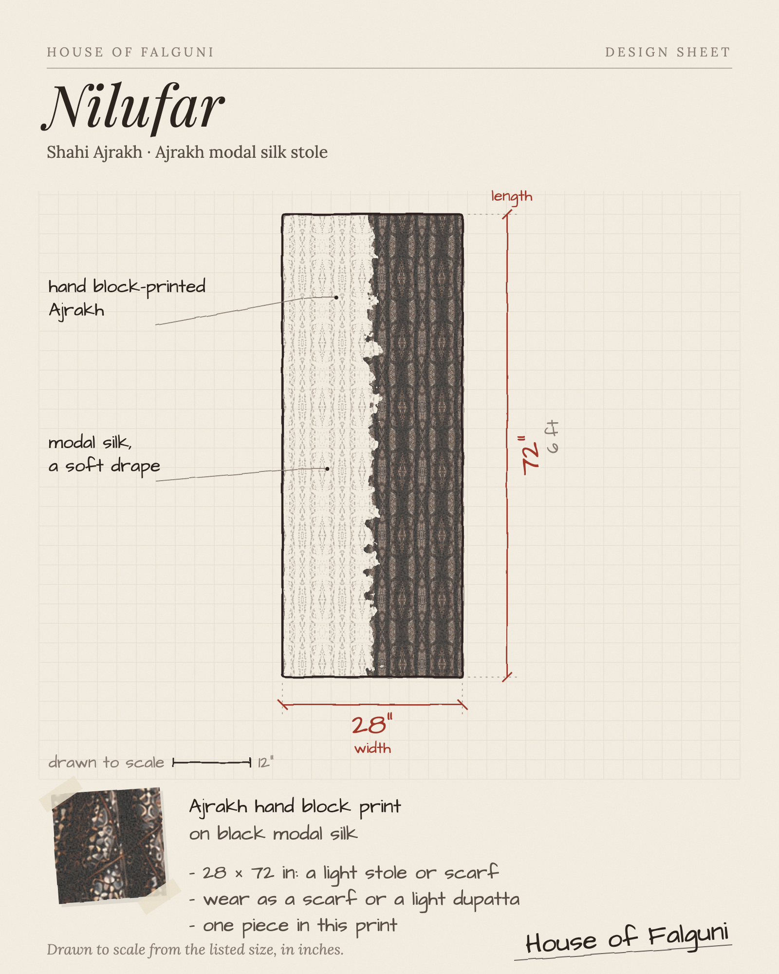 Size sketch of the Nilufar Shahi Ajrakh Ajrakh modal silk stole, drawn to scale in inches: 28 × 72 in. House of Falguni design sheet.