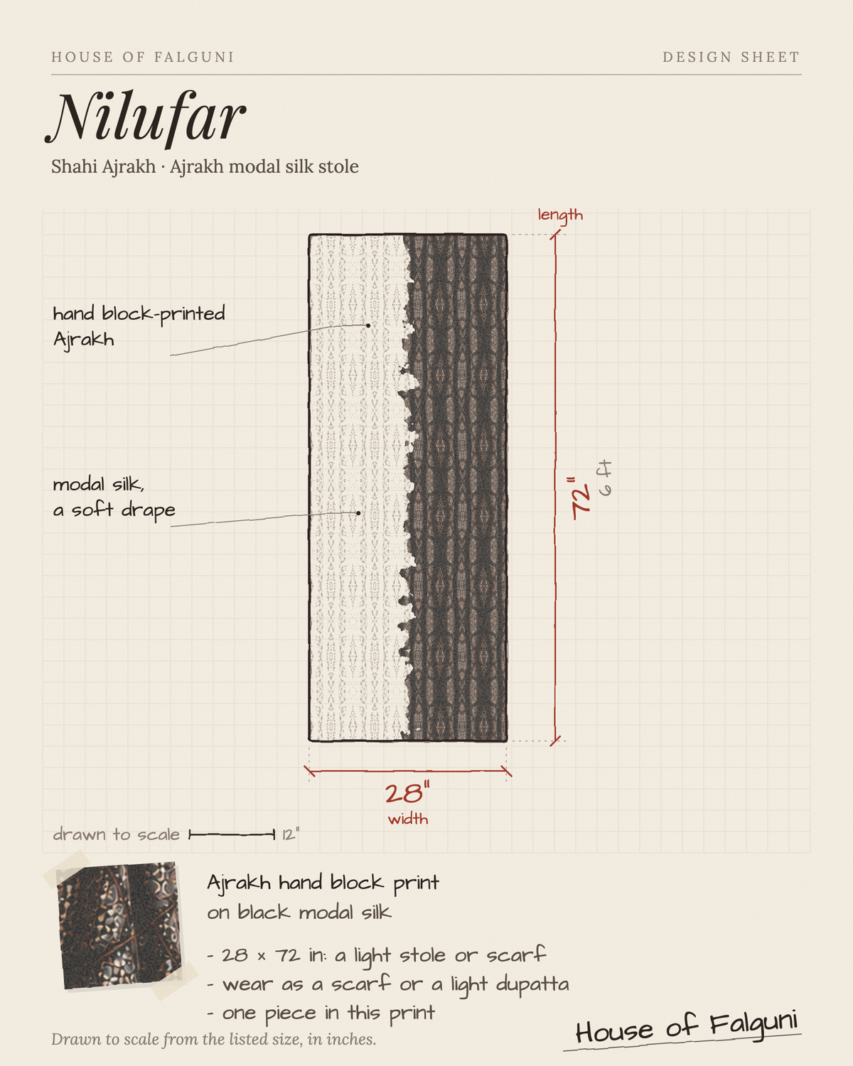 Size sketch of the Nilufar Shahi Ajrakh Ajrakh modal silk stole, drawn to scale in inches: 28 × 72 in. House of Falguni design sheet.