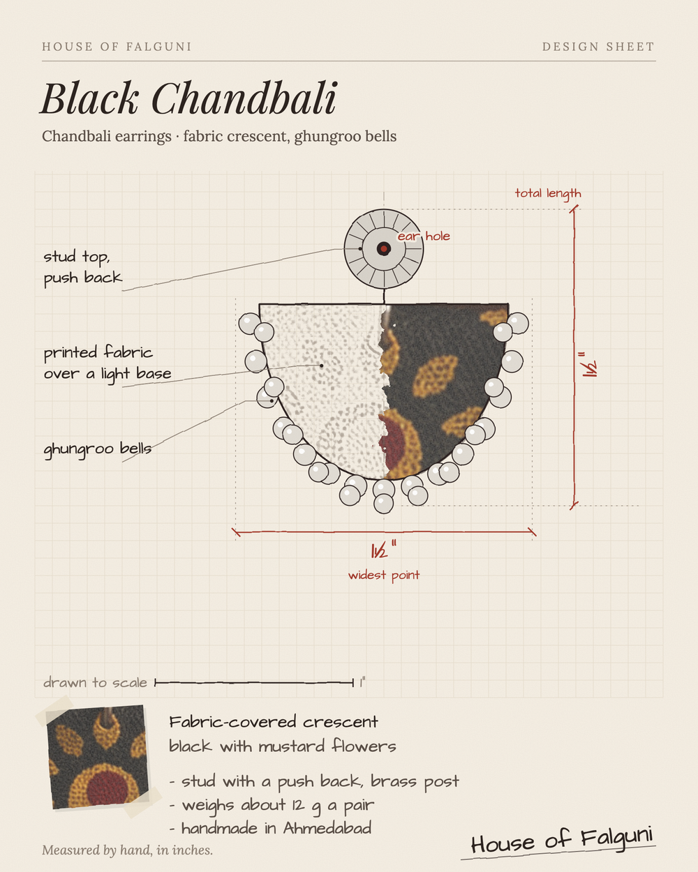 Size sketch of the Black Chandbali Earrings with Ghungroo, drawn to scale in inches: black fabric crescent with mustard flowers, 1.5 in long × 1.5 in across, 12 g a pair. House of Falguni design sheet.