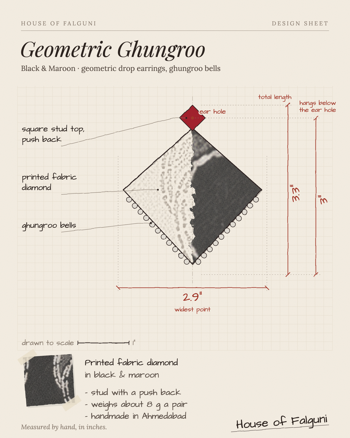 Size sketch of the Black & Maroon Geometric Ghungroo Earrings, drawn to scale in inches: a deep red square stud over a black paisley-print diamond, 3.3 in long × 2.9 in across, hangs 3 in, 8 g a pair. House of Falguni design sheet.