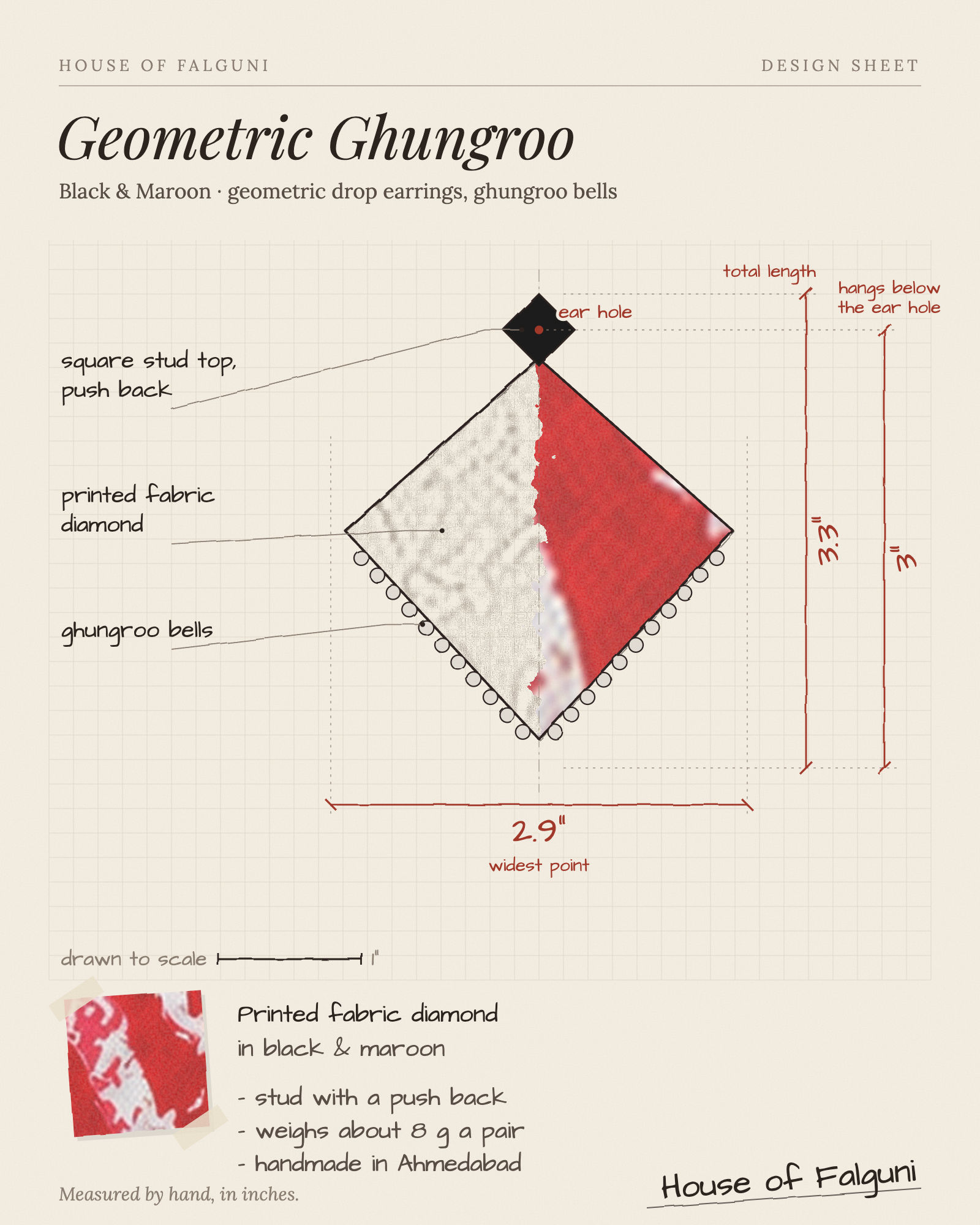 Size sketch of the Black & Maroon Geometric Ghungroo Earrings, drawn to scale in inches: 3.3 in long × 2.9 in across, hangs 3 in, 8 g a pair. House of Falguni design sheet.