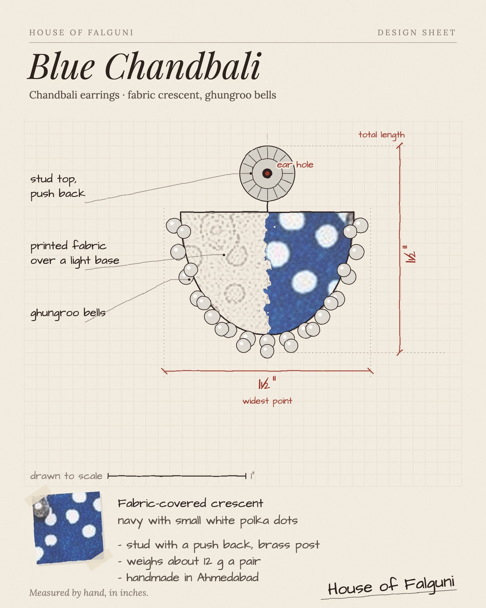 Size sketch of the Blue Chandbali Earrings with Ghungroo, drawn to scale in inches: 1½ in long × 1½ in across, 12 g a pair. House of Falguni design sheet.