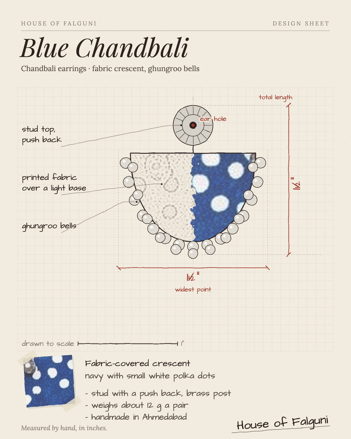 Size sketch of the Blue Chandbali Earrings with Ghungroo, drawn to scale in inches: 1½ in long × 1½ in across, 12 g a pair. House of Falguni design sheet.