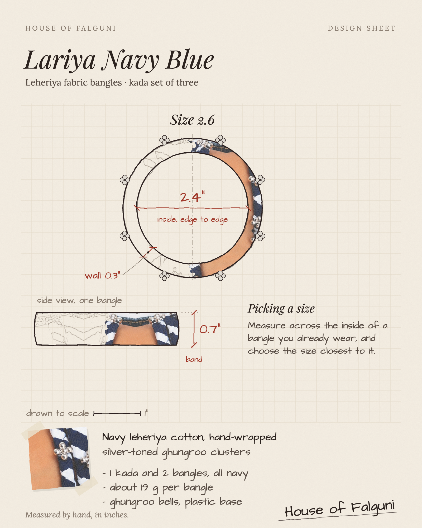 Size sketch of the Lariya Navy Blue Leheriya Fabric Bangles with Ghungroo, Kada Set of 3, drawn to scale in inches: Size 2.6 = 2.4 in inside, band 0.7 in, about 19 g a bangle. House of Falguni design sheet.