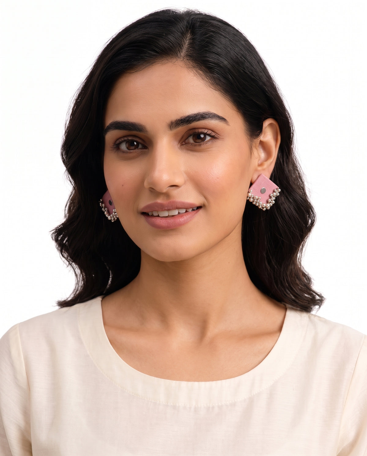 Blush Mirage Earrings styled on model (AI-generated styling image)