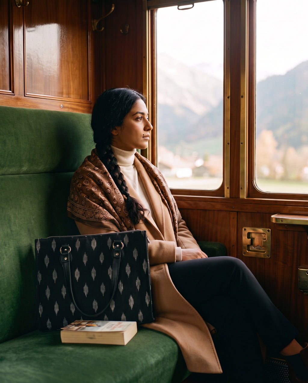 Mocha Ajrakh brown modal silk stole around the shoulders on a train journey, with the Noor black ikat laptop tote