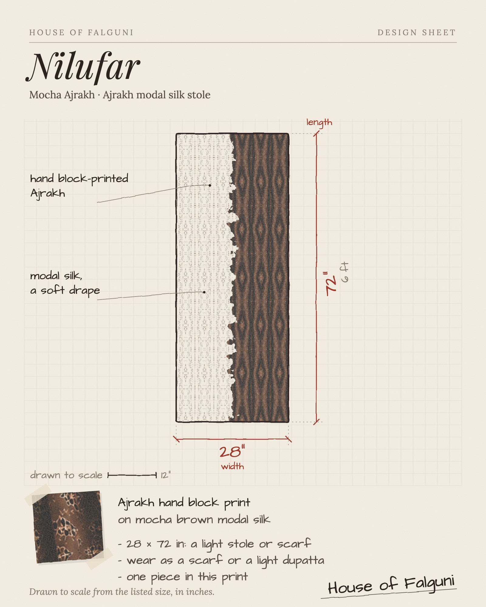 Size sketch of the Nilufar Mocha Ajrakh Ajrakh modal silk stole, drawn to scale in inches: 28 × 72 in. House of Falguni design sheet.