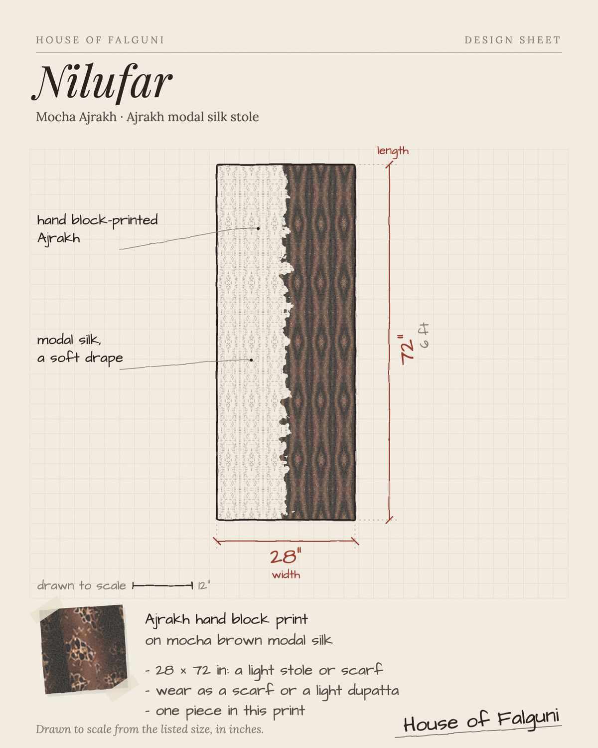 Size sketch of the Nilufar Mocha Ajrakh Ajrakh modal silk stole, drawn to scale in inches: 28 × 72 in. House of Falguni design sheet.