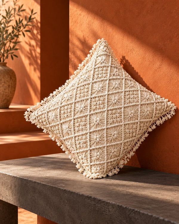 Chandni Macramé Cushion Covers, Set of 2, Hand-Knotted Ivory Throw Pillow Covers (16x16) on a stone ledge against a terracotta wall (AI-generated styling image)