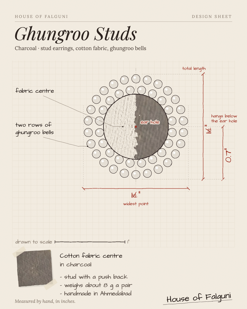 Size sketch of the Charcoal Ghungroo Stud Earrings, drawn to scale in inches: 1½ in long × 1½ in across, hangs 0.7 in, 8 g a pair. House of Falguni design sheet.