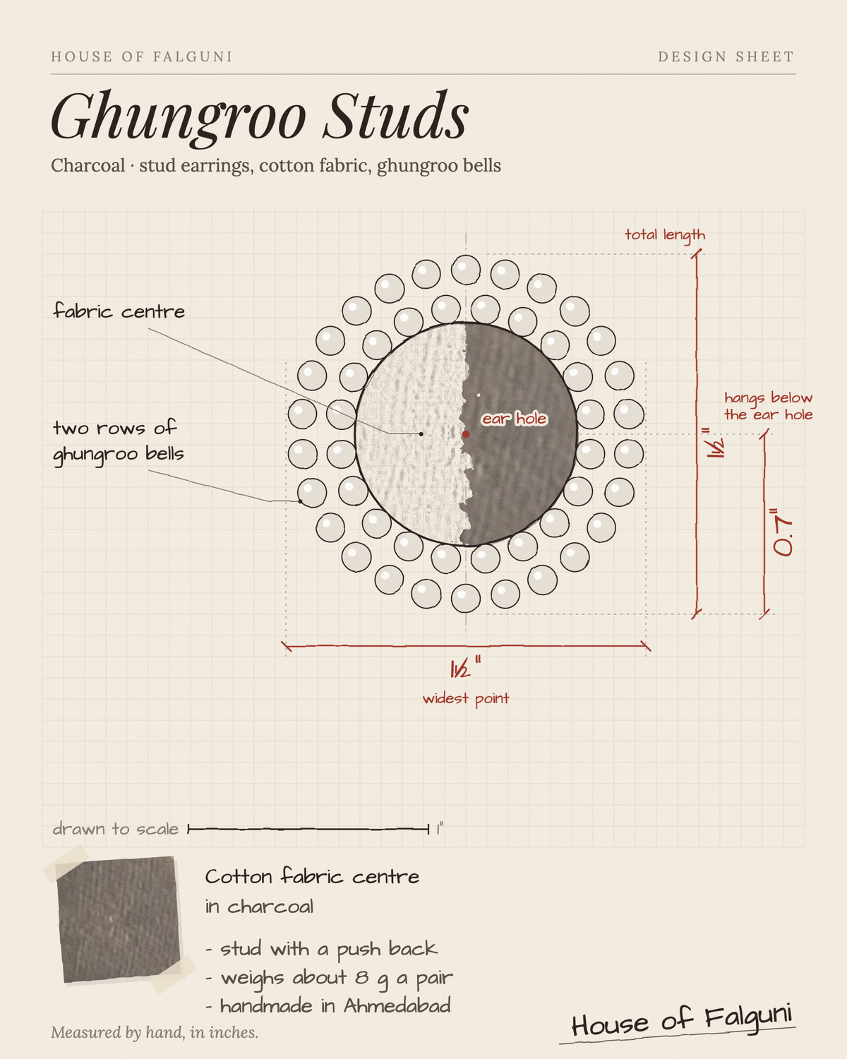 Size sketch of the Charcoal Ghungroo Stud Earrings, drawn to scale in inches: 1½ in long × 1½ in across, hangs 0.7 in, 8 g a pair. House of Falguni design sheet.