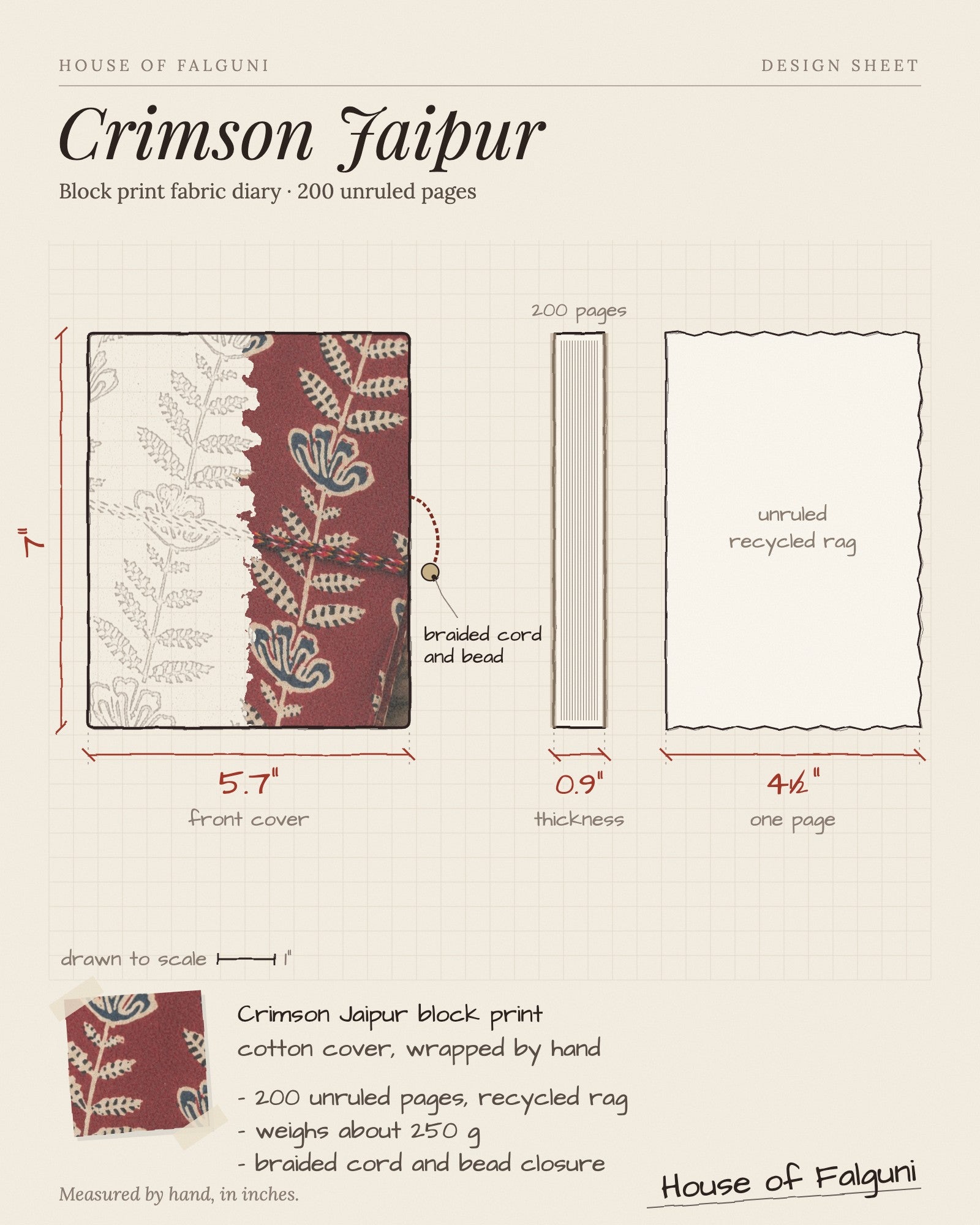Size sketch of the Crimson Jaipur Block Print Fabric Diary, 200 Unruled Pages, drawn to scale in inches: 5.7 × 7 in, 0.9 in thick, 200 pages, 250 g. House of Falguni design sheet.