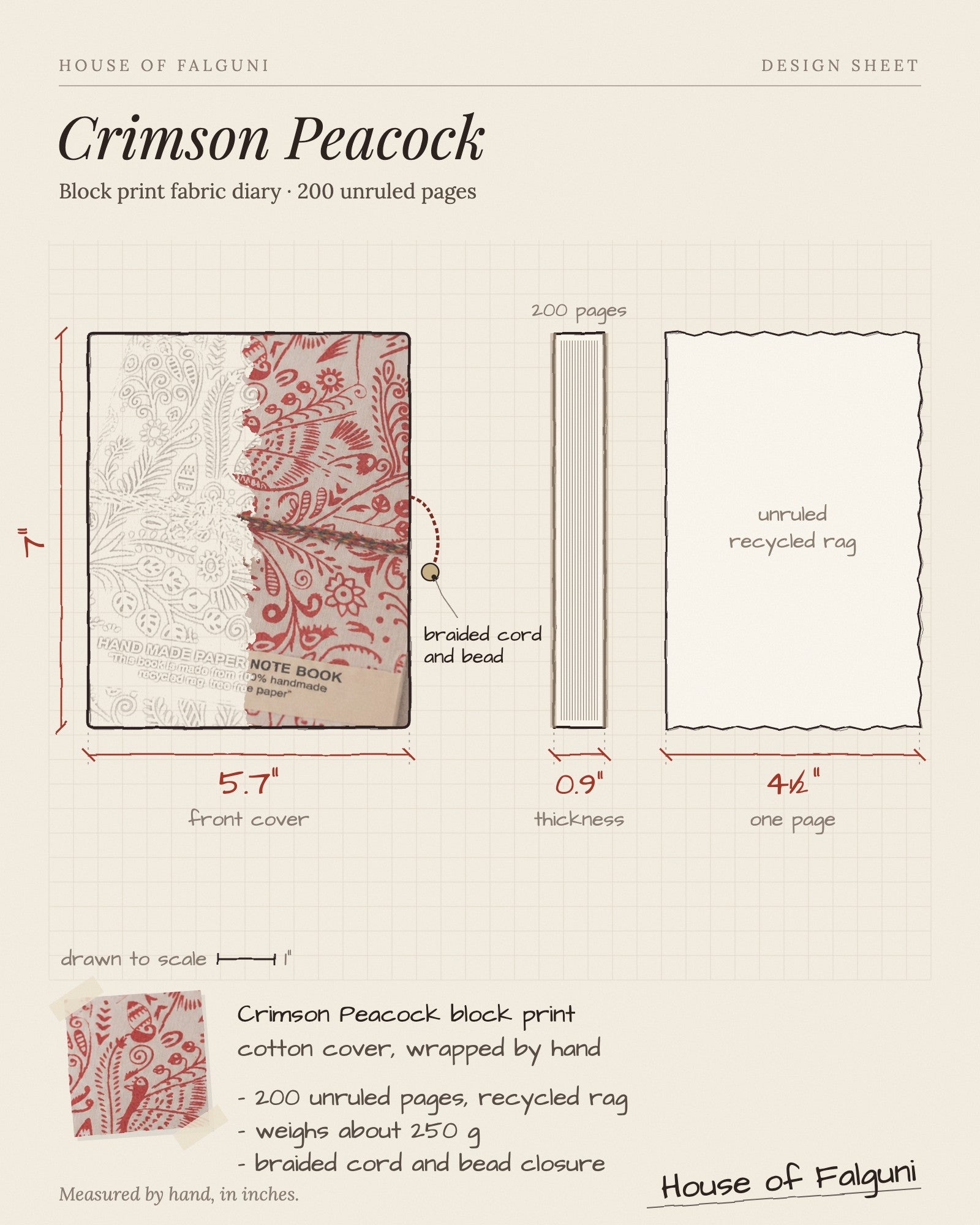 Size sketch of the Crimson Peacock Block Print Fabric Diary, 200 Unruled Pages, drawn to scale in inches: 5.7 × 7 in, 0.9 in thick, 200 pages, 250 g. House of Falguni design sheet.