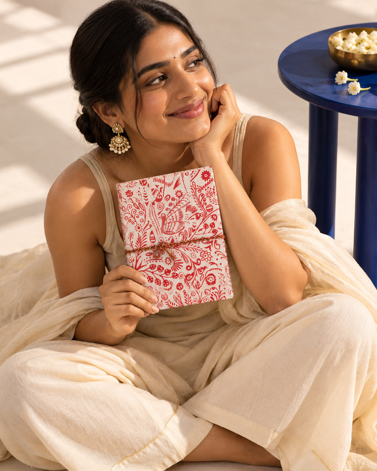 Crimson Peacock Block Print Fabric Diary, 200 Unruled Pages, held up in both hands, blue table behind