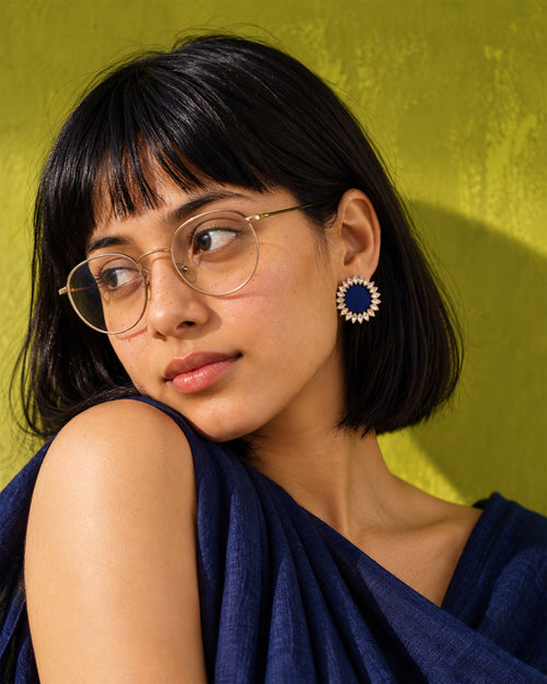 Dark Blue Floral Kundan Earrings, worn, navy drape, chartreuse wall