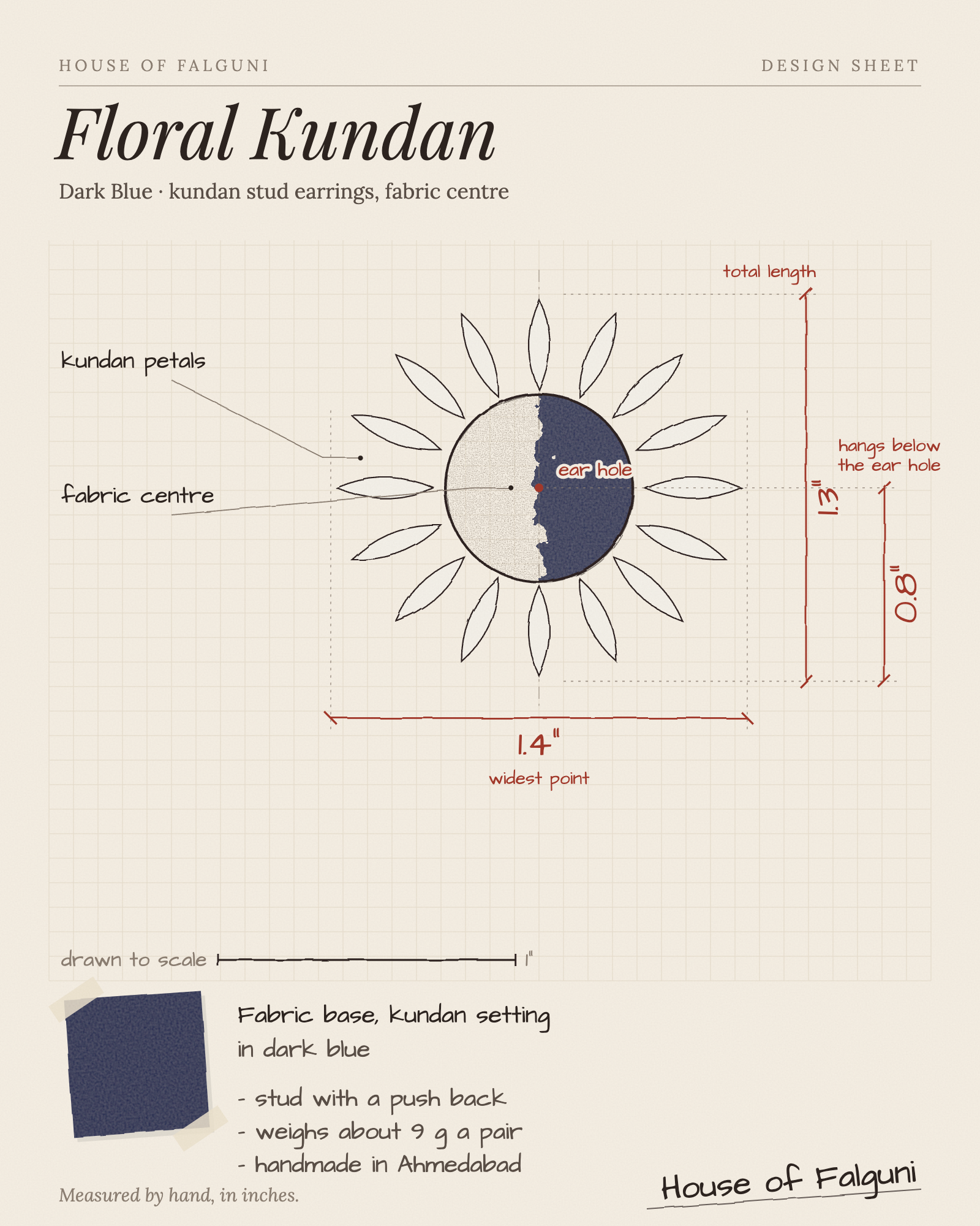 Size sketch of the Dark Blue Floral Kundan Earrings, drawn to scale in inches: 1.3 in long × 1.4 in across, hangs 0.8 in, kundan petals around a dark blue fabric centre. House of Falguni design sheet.