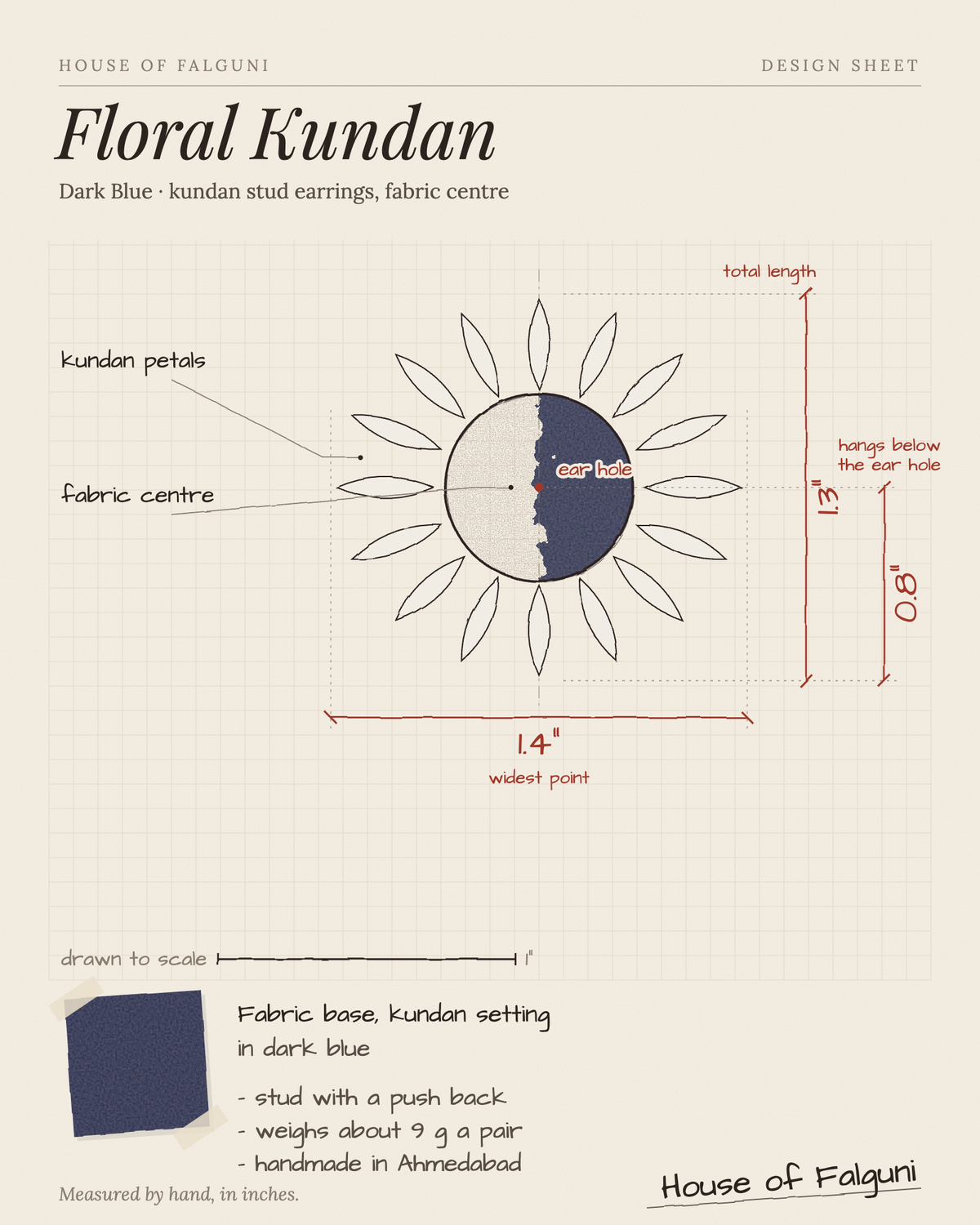 Size sketch of the Dark Blue Floral Kundan Earrings, drawn to scale in inches: 1.3 in long × 1.4 in across, hangs 0.8 in, kundan petals around a dark blue fabric centre. House of Falguni design sheet.