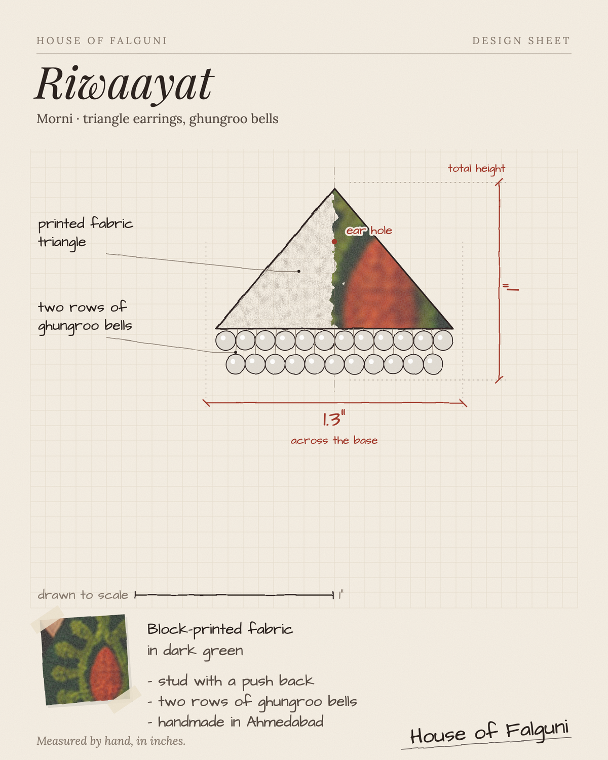 Size sketch of the Riwaayat Morni Dark Green Triangle Earrings, drawn to scale in inches: 1 in tall × 1.3 in across the base, two rows of ghungroo bells. House of Falguni design sheet.