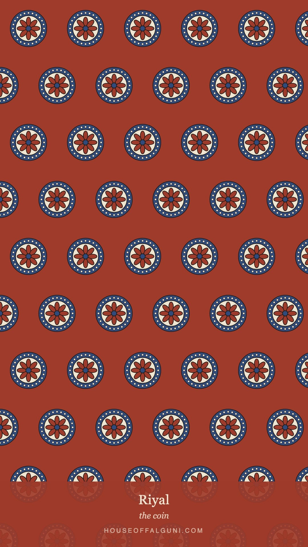 Desi aesthetic phone wallpaper of the Ajrakh motif Riyal, the coin, on madder red