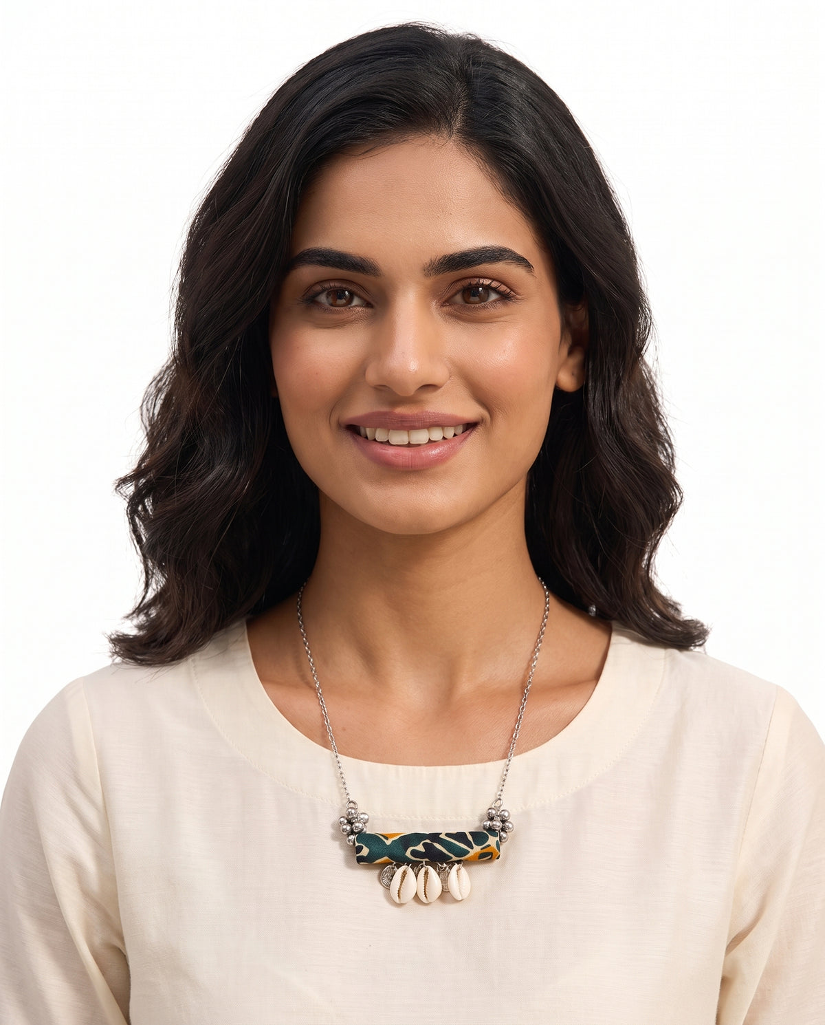 Fabric Bar Neckpiece styled on model (AI-generated styling image)
