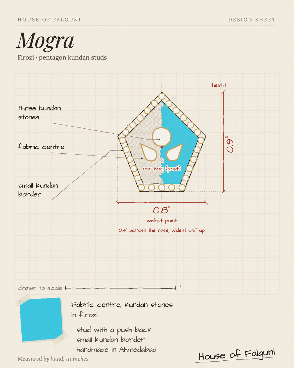Size sketch of the Mogra Firozi Pentagon Kundan Studs, drawn to scale in inches: 0.9 in long × 0.8 in across; 0.4 in across the base, three kundan stones and a small kundan border. House of Falguni design sheet.