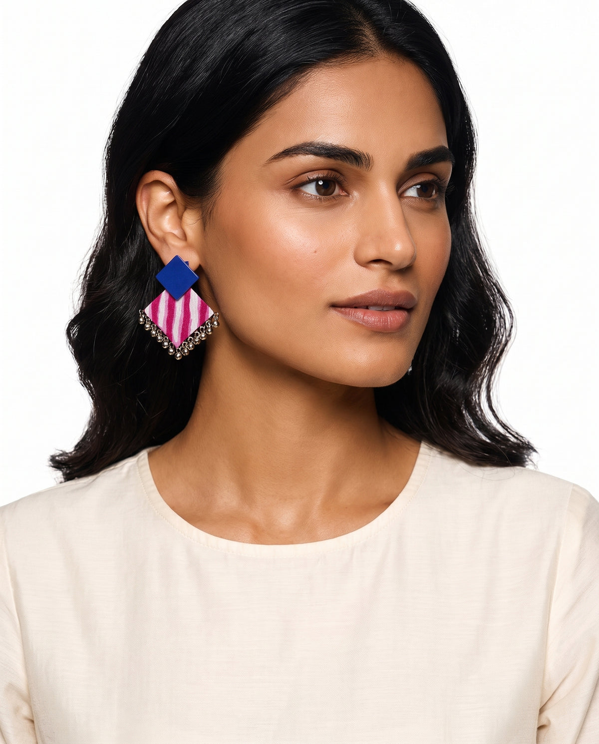 Geometric Ghungroo Earrings styled on model (AI-generated styling image)