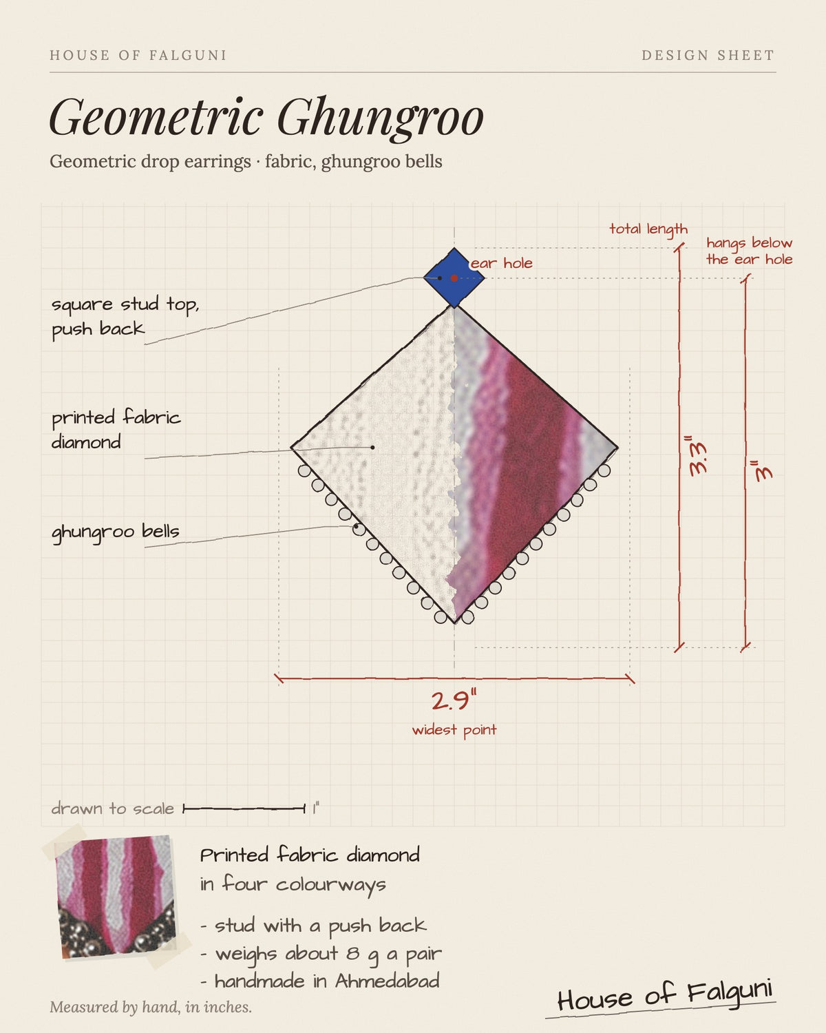 Size sketch of the Geometric Ghungroo Earrings, drawn to scale in inches: 3.3 in long × 2.9 in across, hangs 3 in, 8 g a pair. House of Falguni design sheet.