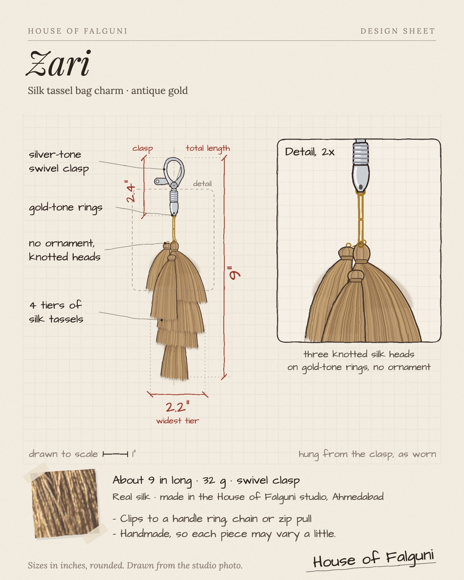 Size sketch of the Zari silk tassel bag charm: about 9 inches long, 32 g, silver-tone swivel clasp