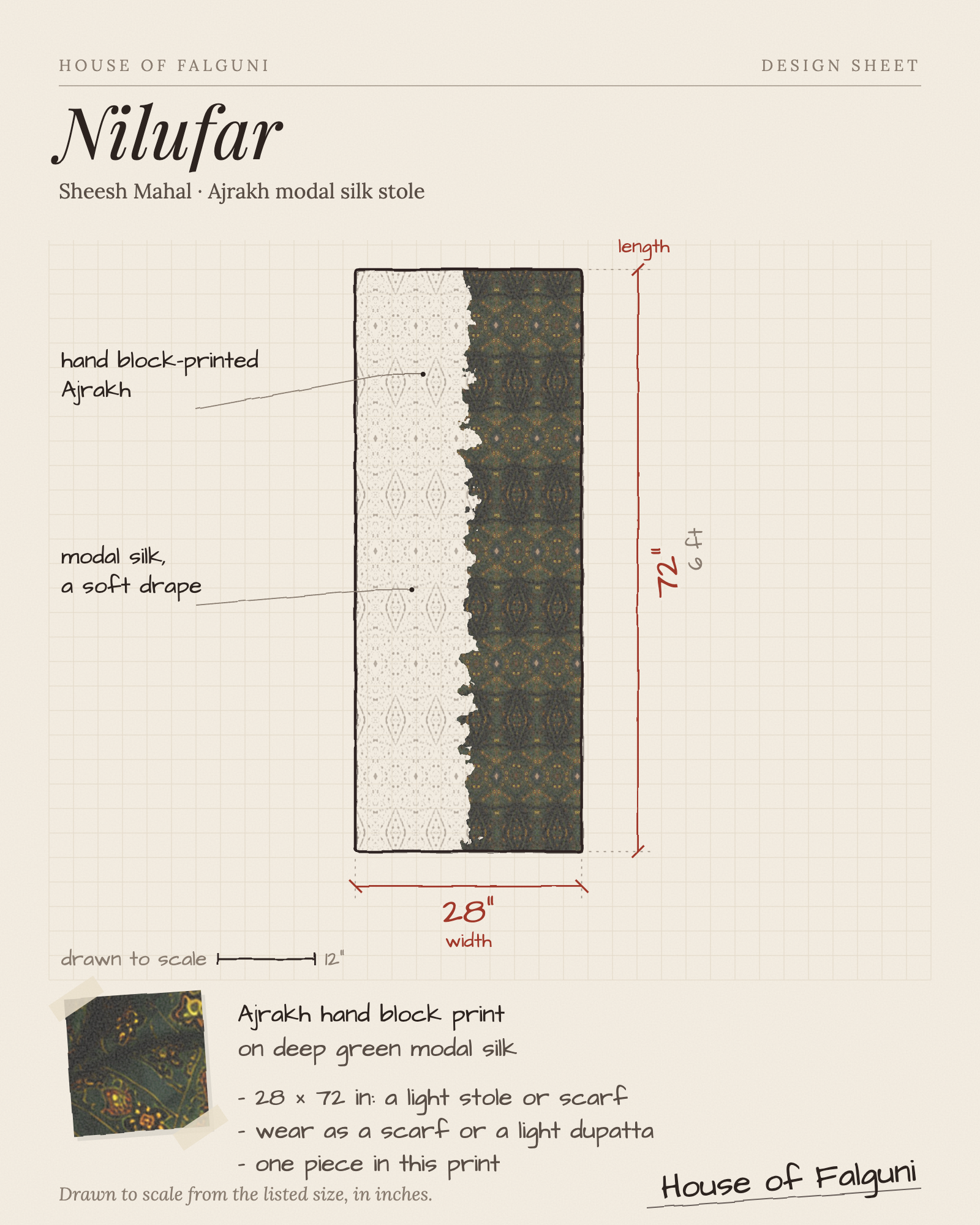 Size sketch of the Nilufar Sheesh Mahal Ajrakh modal silk stole, drawn to scale in inches: 28 × 72 in. House of Falguni design sheet.
