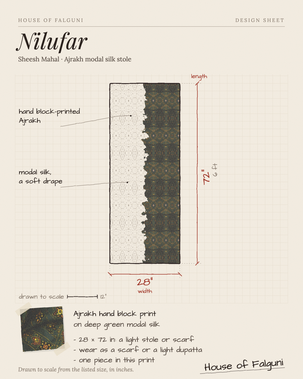 Size sketch of the Nilufar Sheesh Mahal Ajrakh modal silk stole, drawn to scale in inches: 28 × 72 in. House of Falguni design sheet.