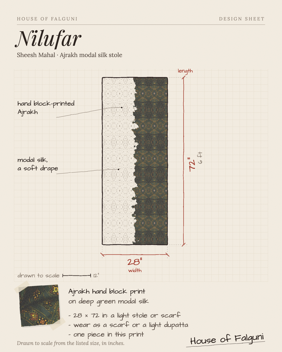 Size sketch of the Nilufar Sheesh Mahal Ajrakh modal silk stole, drawn to scale in inches: 28 × 72 in. House of Falguni design sheet.