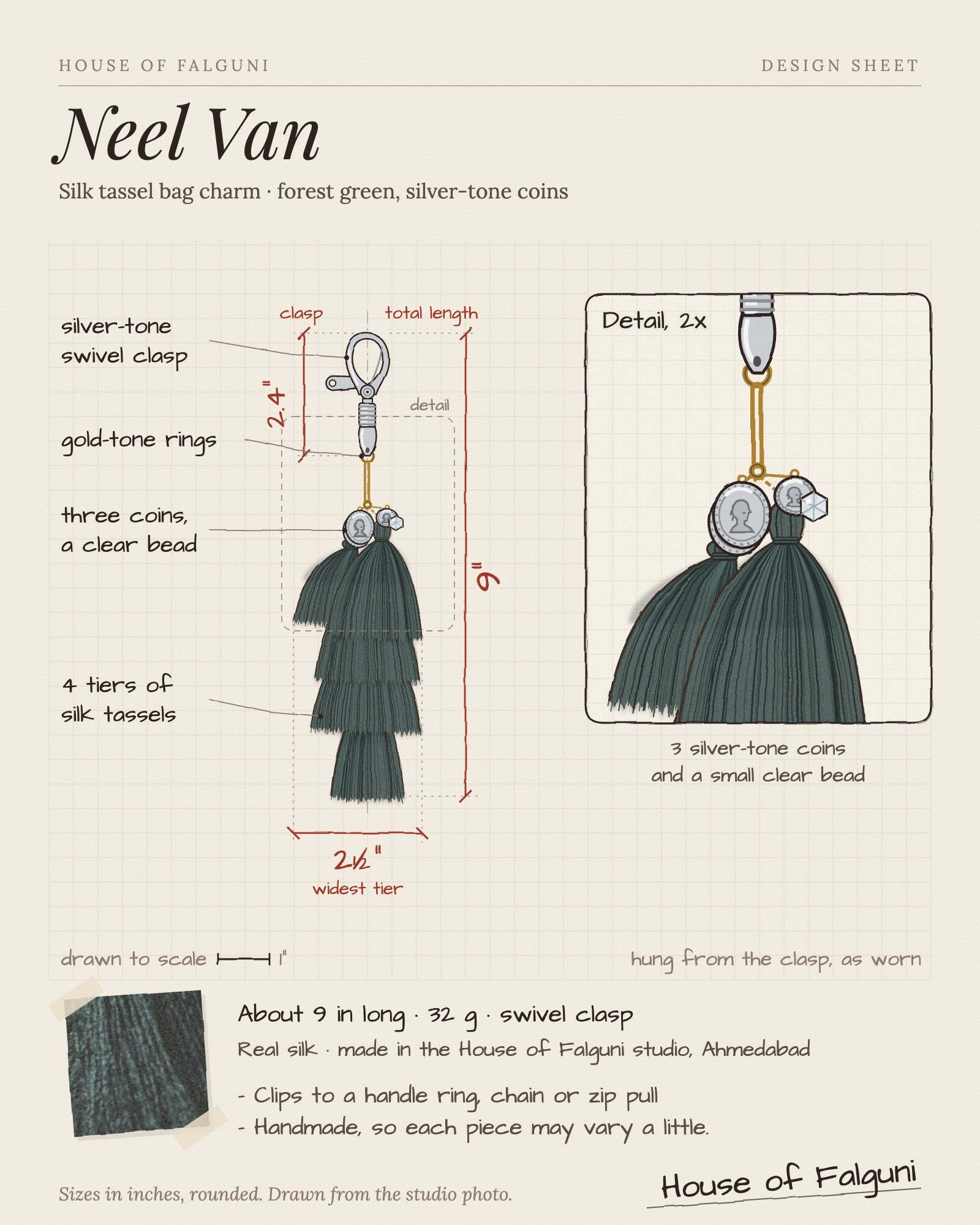 Size sketch of the Neel Van silk tassel bag charm: about 9 inches long, 32 g, silver-tone swivel clasp
