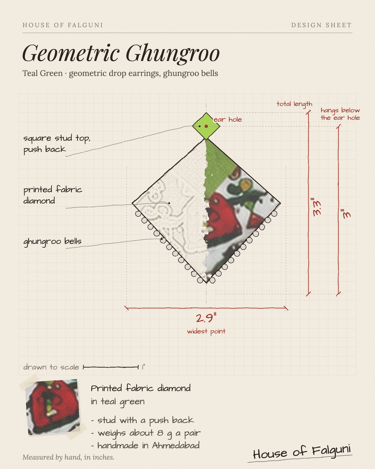 Size sketch of the Teal Green Geometric Ghungroo Earrings, drawn to scale in inches: 3.3 in long × 2.9 in across, hangs 3 in, 8 g a pair. House of Falguni design sheet.