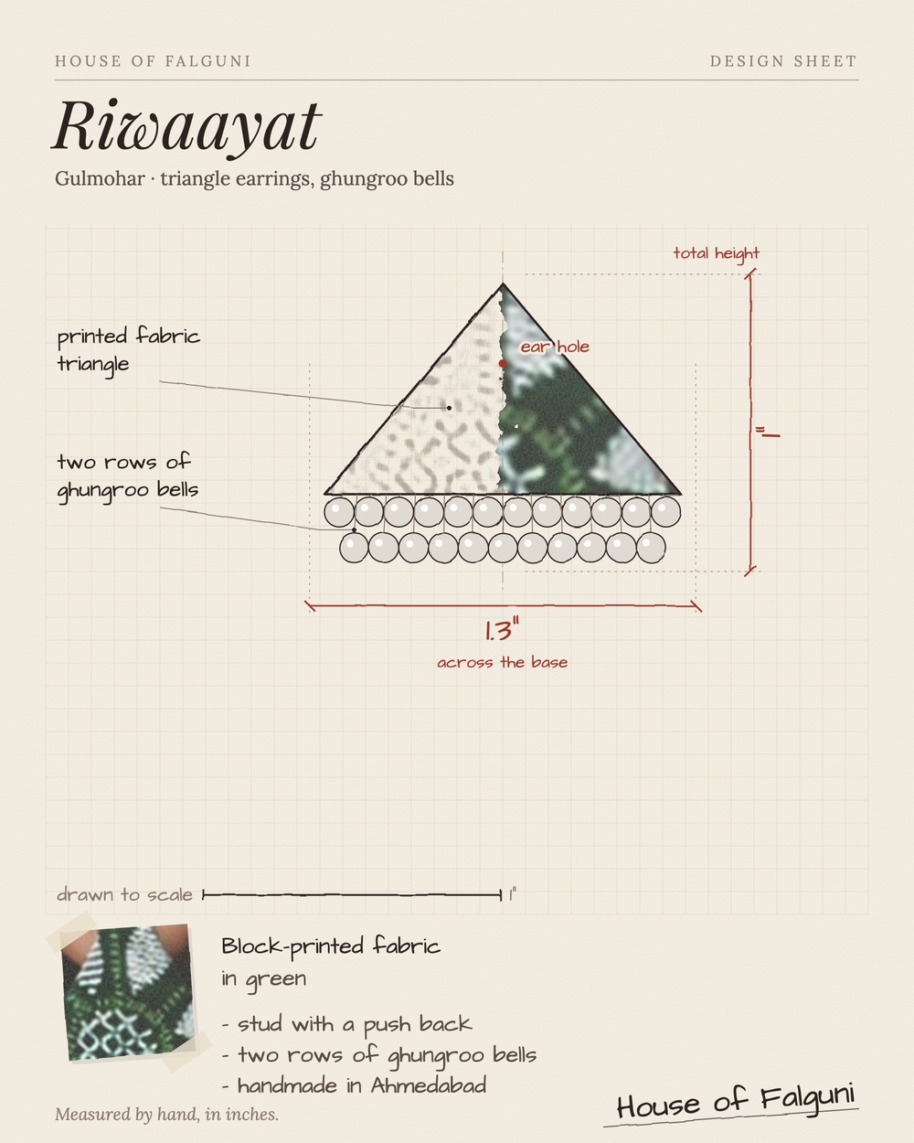 Size sketch of the Riwaayat Gulmohar Green Triangle Earrings, drawn to scale in inches: 1 in tall × 1.3 in across the base, two rows of ghungroo bells. House of Falguni design sheet.