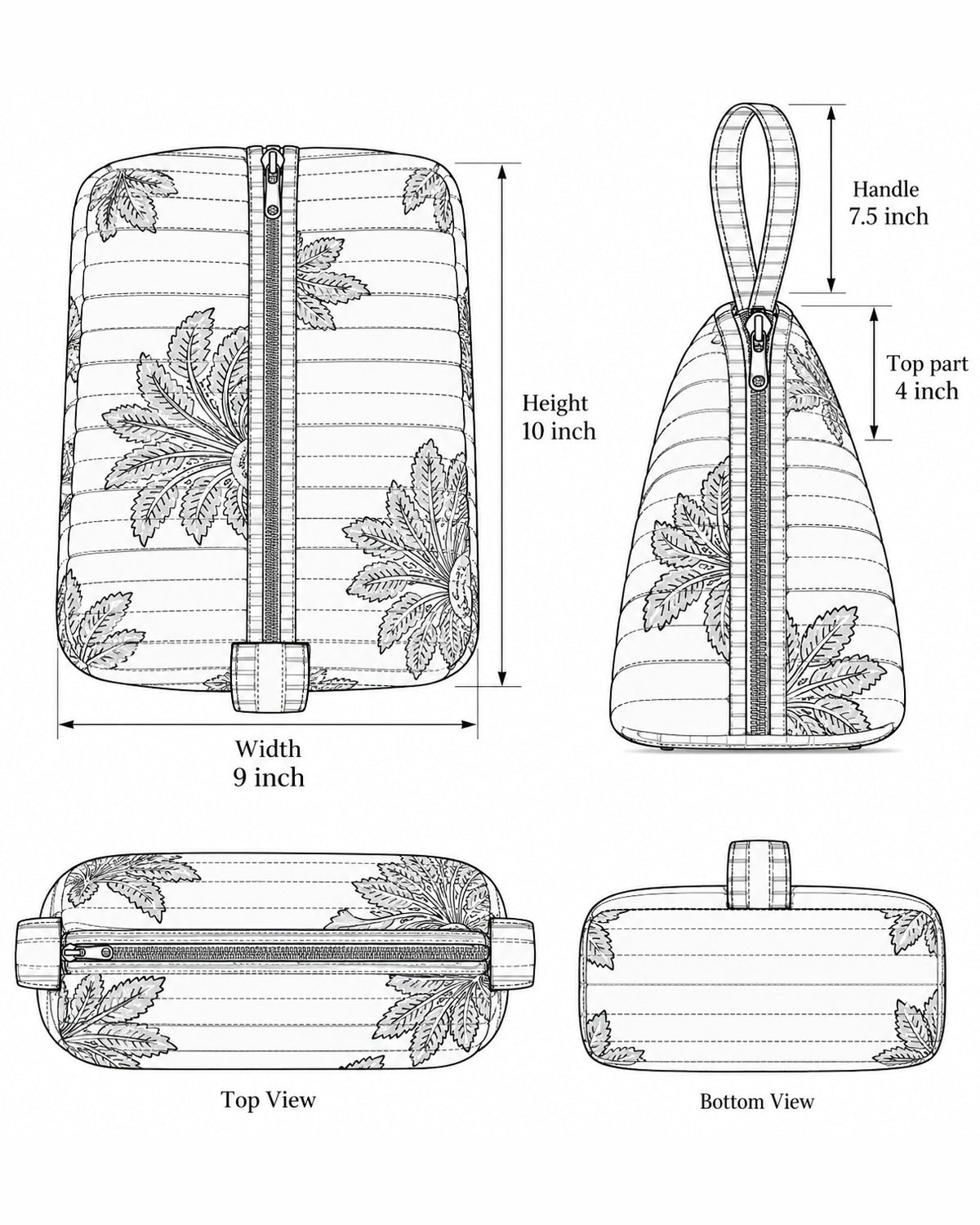 Gul quilted hair tool bag size chart: 10 in high, 9 in wide, 4 in top 