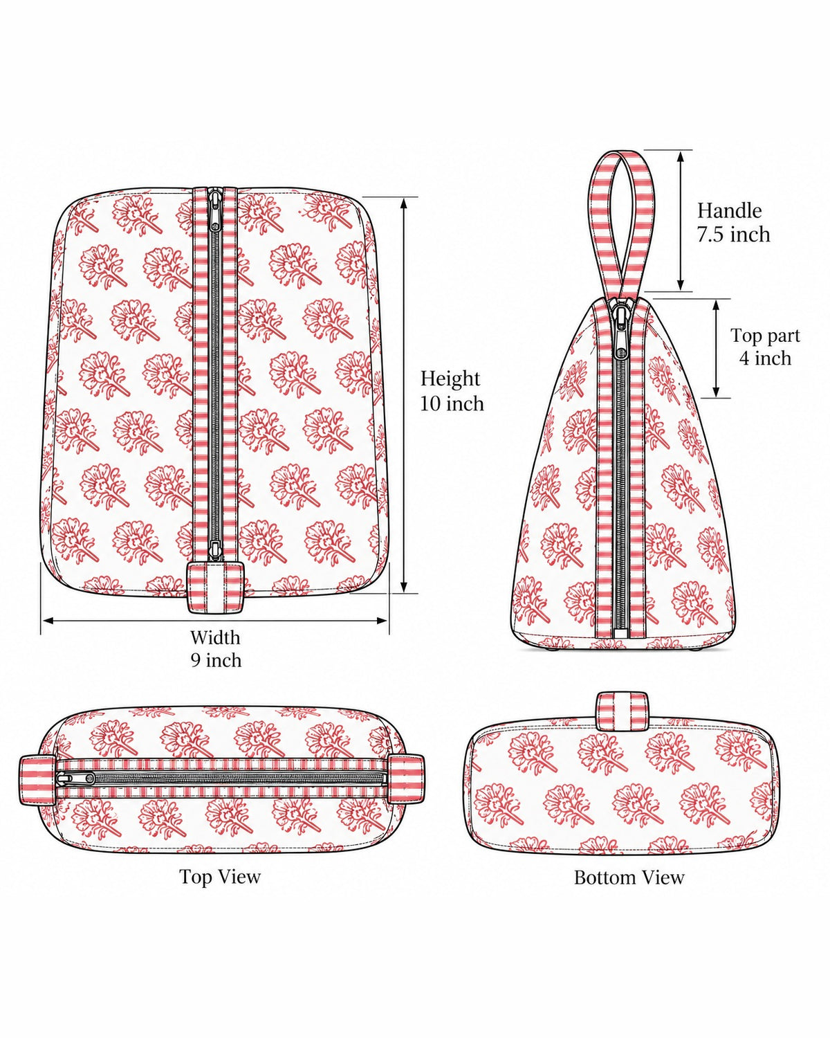 Gulaab quilted hair tool bag size chart: 10 in high, 9 in wide, 4 in t