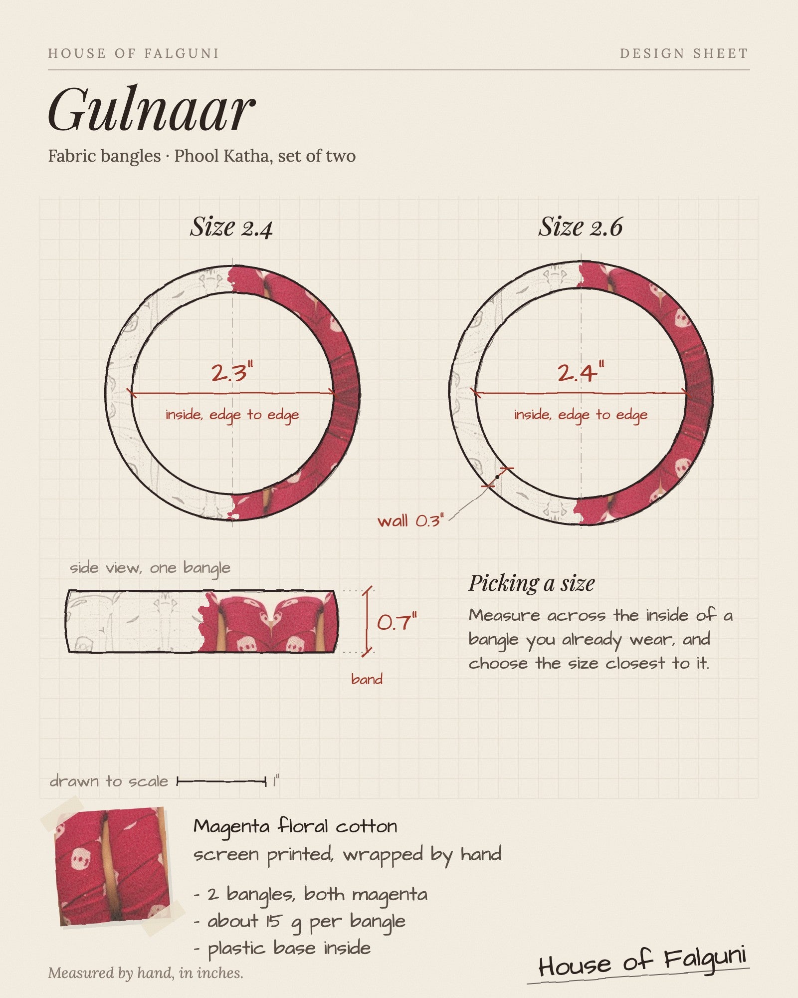Size sketch of the Gulnaar Magenta Pink Floral Fabric Bangles, Set of 2, drawn to scale in inches: Size 2.4 = 2.3 in inside, Size 2.6 = 2.4 in inside. House of Falguni design sheet.